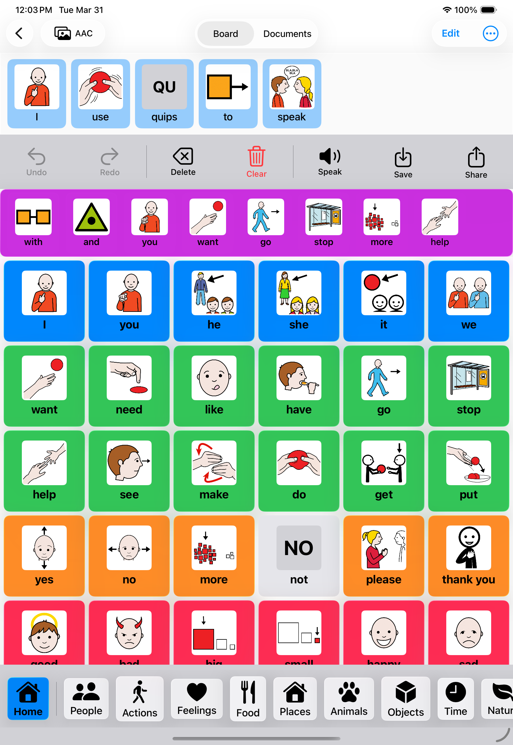 AAC pictogram board with colorful symbol categories
